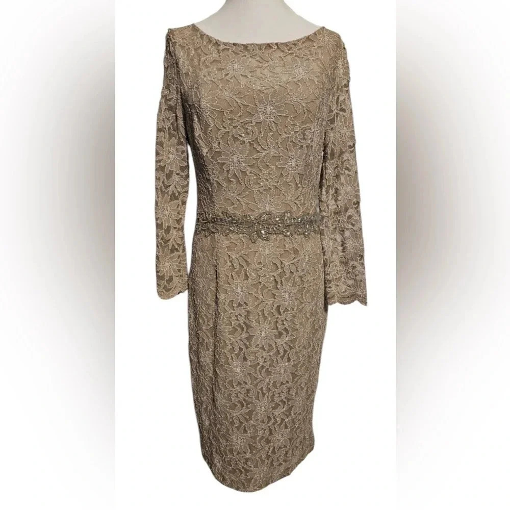 Jackie Jon New York Women Champagne Lace 3/4 Sleeve Beaded Dress, Size 12 Formal - Picture 1 of 7